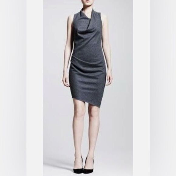 Helmut Lang Sonar Wool Gray Asymmetric Cowl Neck Fitted Sleeveless Dress S - Picture 14 of 14
